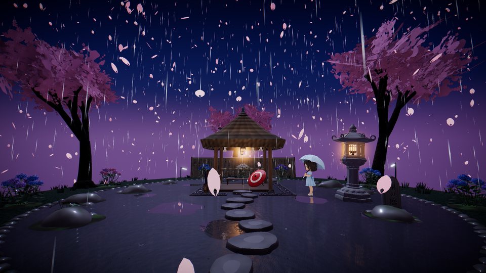 雨の庭の東屋と水たまりに映る灯り